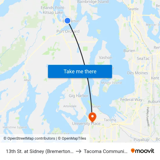 13th St. at Sidney (Bremerton High School) to Tacoma Community College map