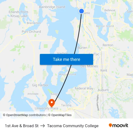 1st Ave & Broad St to Tacoma Community College map