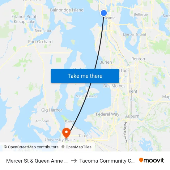 Mercer St & Queen Anne Ave N to Tacoma Community College map