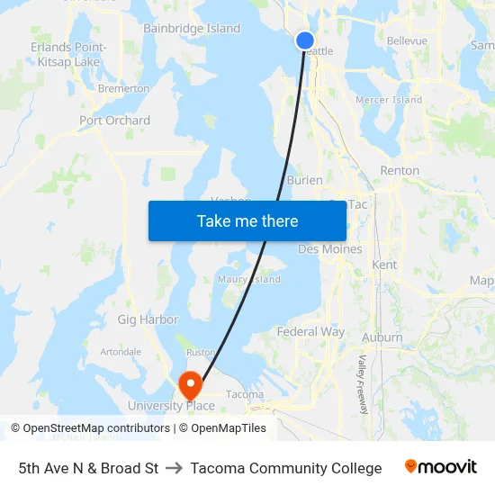 5th Ave N & Broad St to Tacoma Community College map