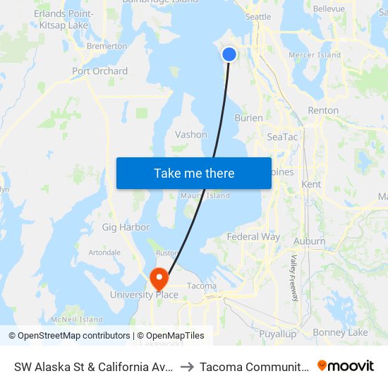 SW Alaska St & California Ave SW - Bay 1 to Tacoma Community College map