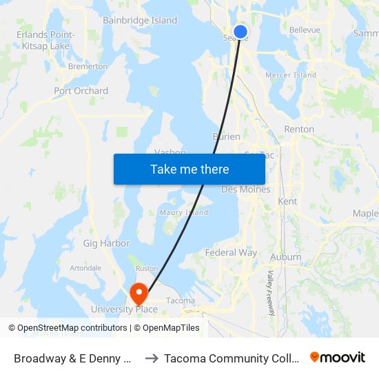 Broadway & E Denny Way to Tacoma Community College map