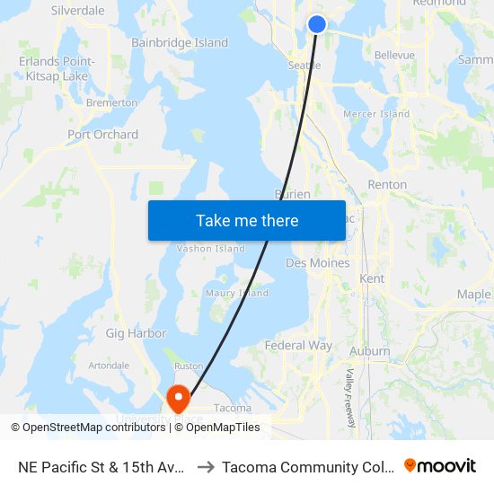 NE Pacific St & 15th Ave NE to Tacoma Community College map