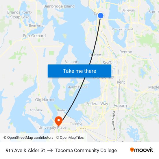 9th Ave & Alder St to Tacoma Community College map