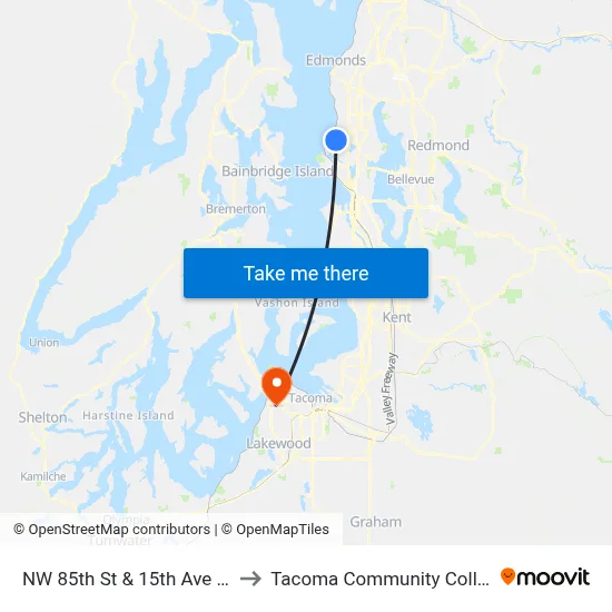 NW 85th St & 15th Ave NW to Tacoma Community College map
