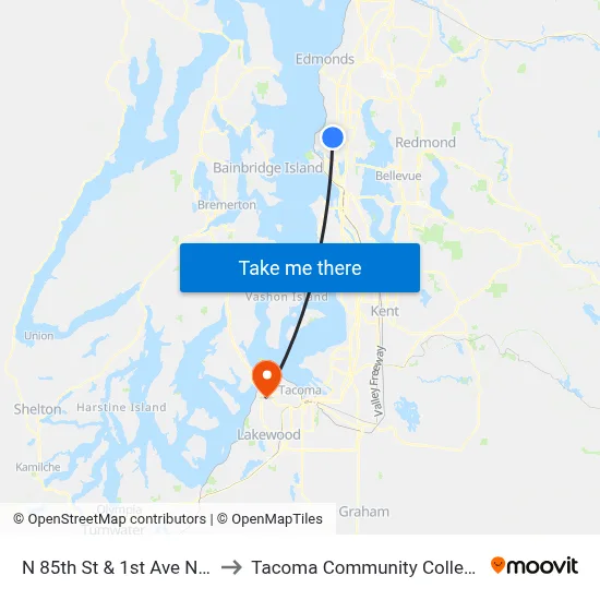 N 85th St & 1st Ave NW to Tacoma Community College map