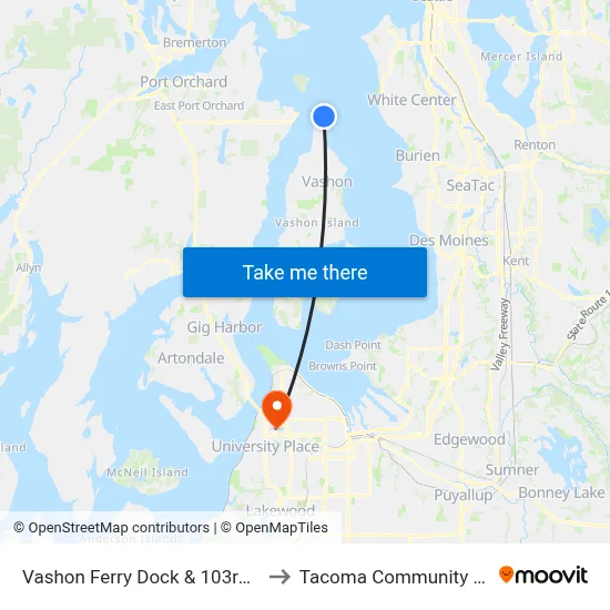 Vashon Ferry Dock & 103rd Ave SW to Tacoma Community College map