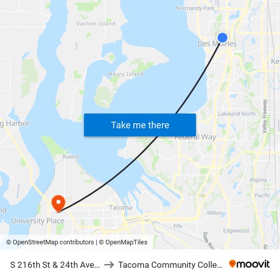 S 216th St & 24th Ave S to Tacoma Community College map