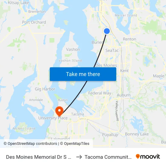 Des Moines Memorial Dr S & S 103rd St to Tacoma Community College map