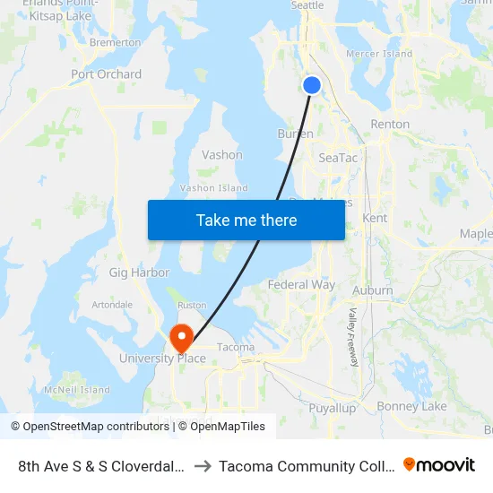 8th Ave S & S Cloverdale St to Tacoma Community College map