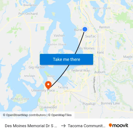 Des Moines Memorial Dr S & S 138th St to Tacoma Community College map