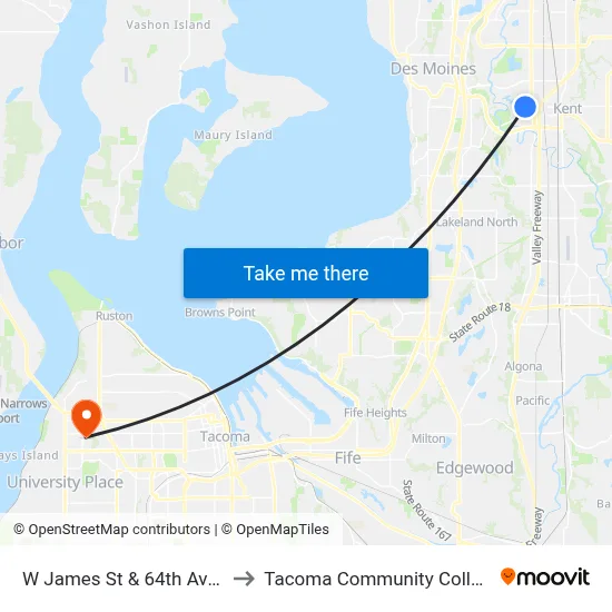 W James St & 64th Ave S to Tacoma Community College map
