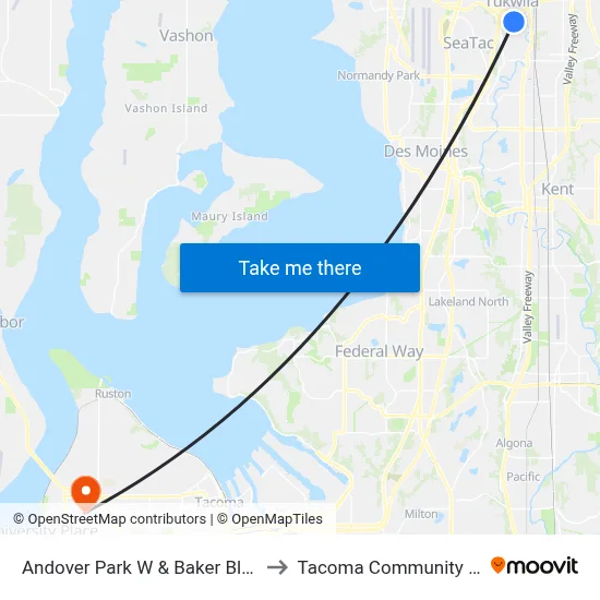 Andover Park W & Baker Blvd - Bay 2 to Tacoma Community College map