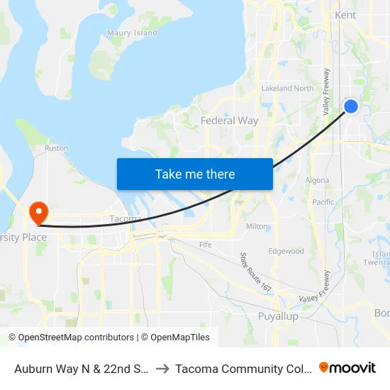 Auburn Way N & 22nd St NE to Tacoma Community College map