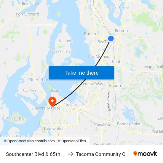 Southcenter Blvd & 65th Ave S to Tacoma Community College map