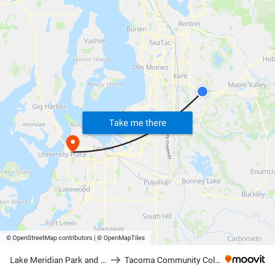 Lake Meridian Park and Ride to Tacoma Community College map