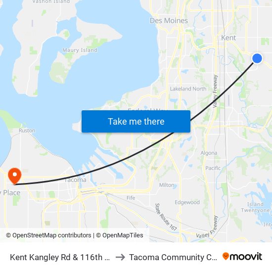 Kent Kangley Rd & 116th Ave SE to Tacoma Community College map