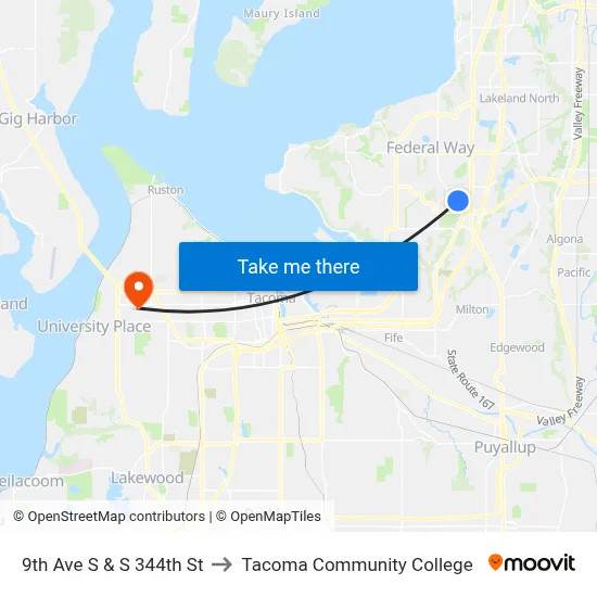 9th Ave S & S 344th St to Tacoma Community College map