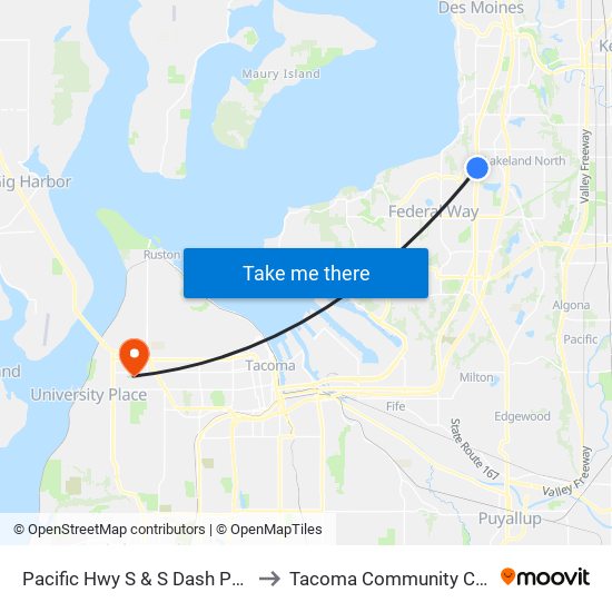 Pacific Hwy S & S Dash Point Rd to Tacoma Community College map