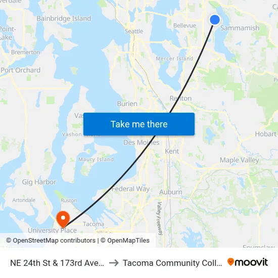 NE 24th St & 173rd Ave NE to Tacoma Community College map