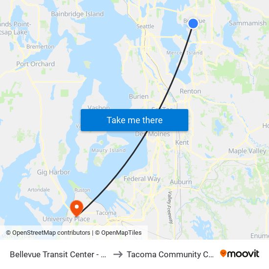 Bellevue Transit Center - Bay 10 to Tacoma Community College map