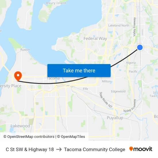 C St SW & Highway 18 to Tacoma Community College map