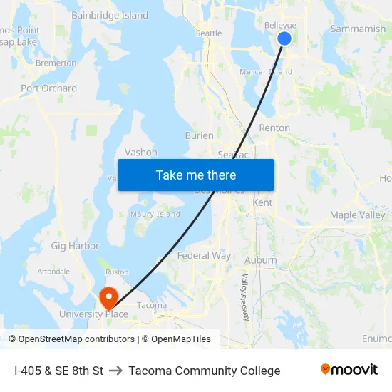 I-405 & SE 8th St to Tacoma Community College map