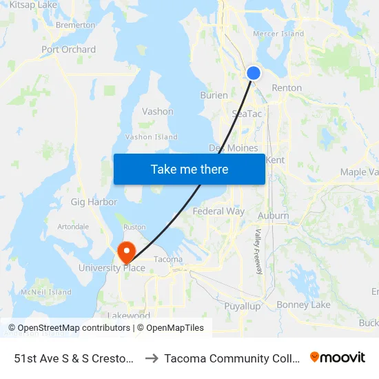 51st Ave S & S Creston St to Tacoma Community College map