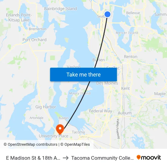 E Madison St & 18th Ave to Tacoma Community College map