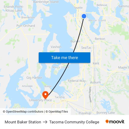 Mount Baker Station to Tacoma Community College map