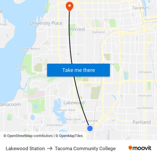 Lakewood Station to Tacoma Community College map