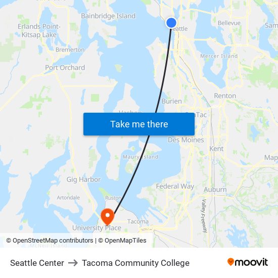 Seattle Center to Tacoma Community College map