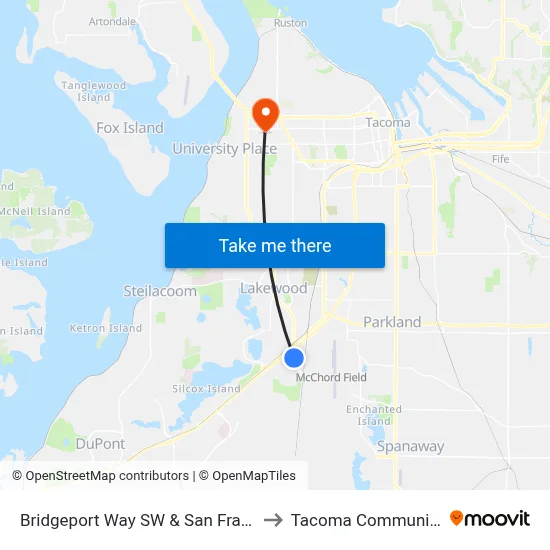 Bridgeport Way SW & San Francisco Ave SW to Tacoma Community College map