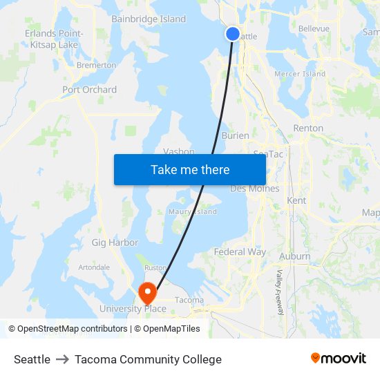 Seattle to Tacoma Community College map