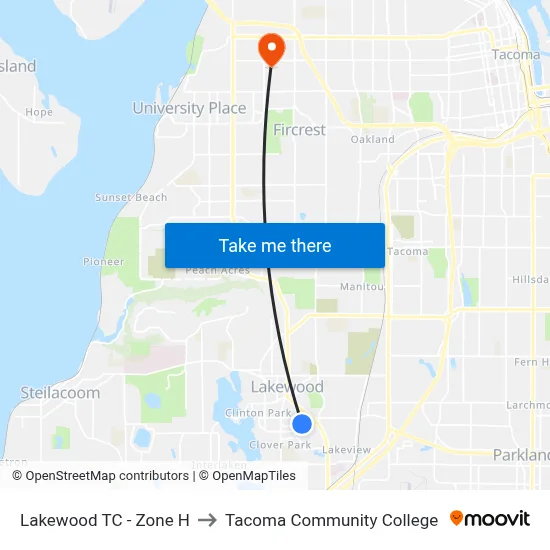 Lakewood TC - Zone H to Tacoma Community College map