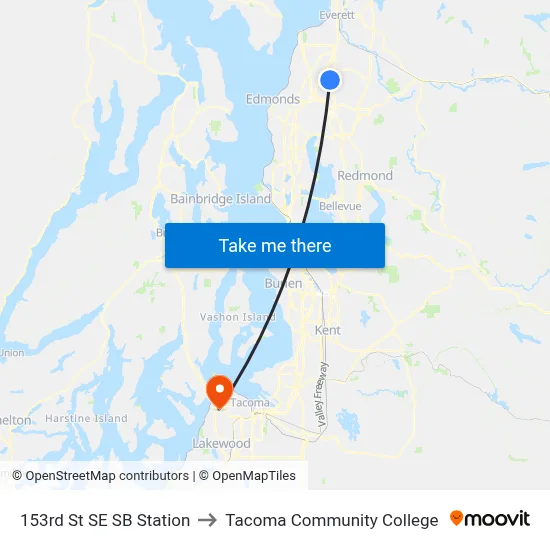 153rd St SE SB Station to Tacoma Community College map