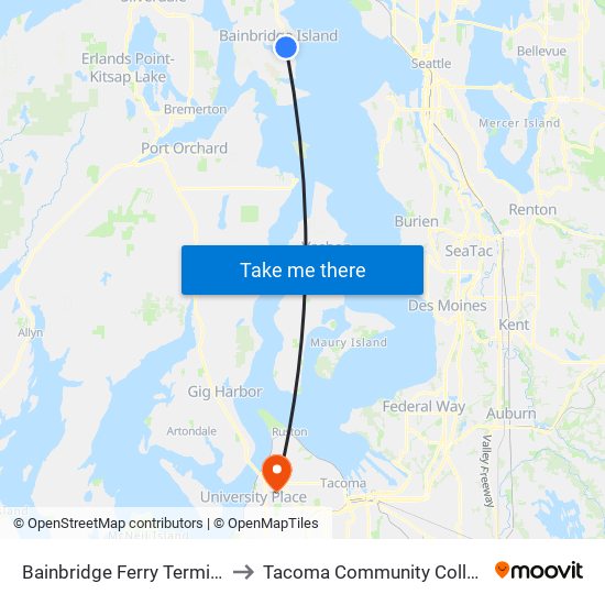 Bainbridge Ferry Terminal to Tacoma Community College map