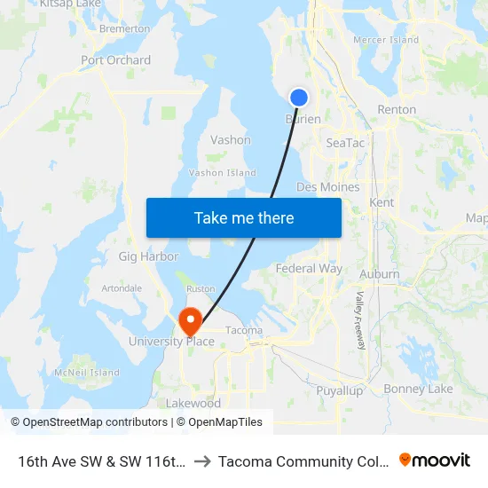 16th Ave SW & SW 116th St to Tacoma Community College map