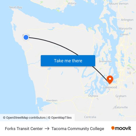 Forks Transit Center to Tacoma Community College map