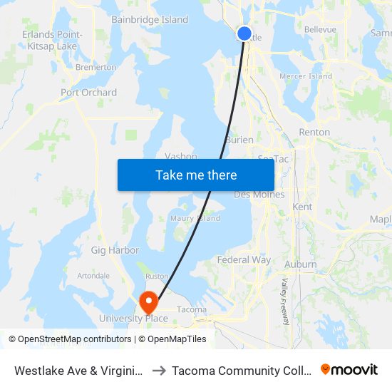 Westlake Ave & Virginia St to Tacoma Community College map