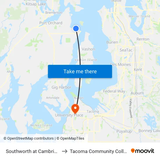 Southworth at Cambridge to Tacoma Community College map