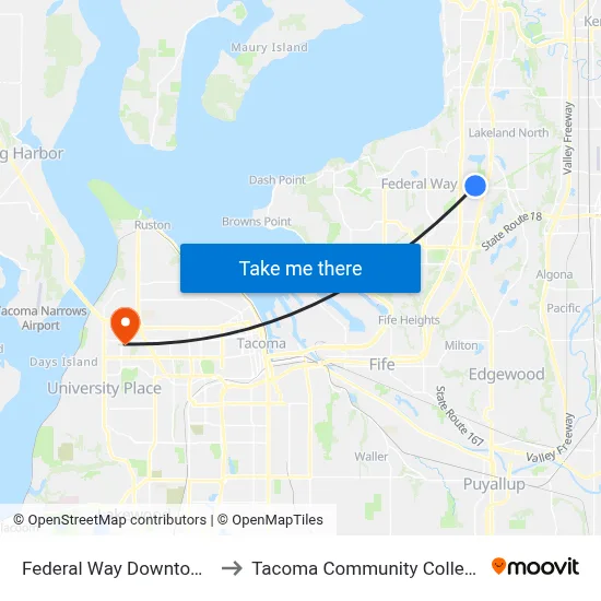 Federal Way Downtown to Tacoma Community College map