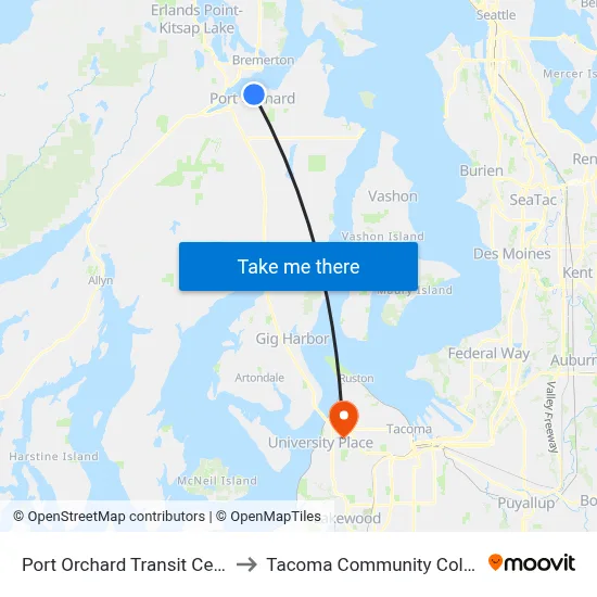 Port Orchard Transit Center to Tacoma Community College map
