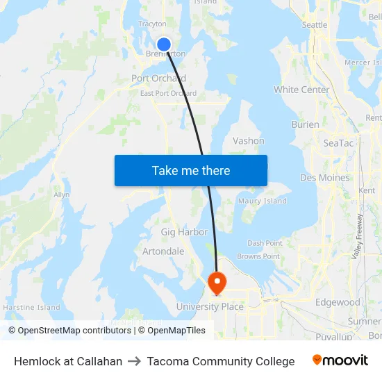 Hemlock at Callahan to Tacoma Community College map