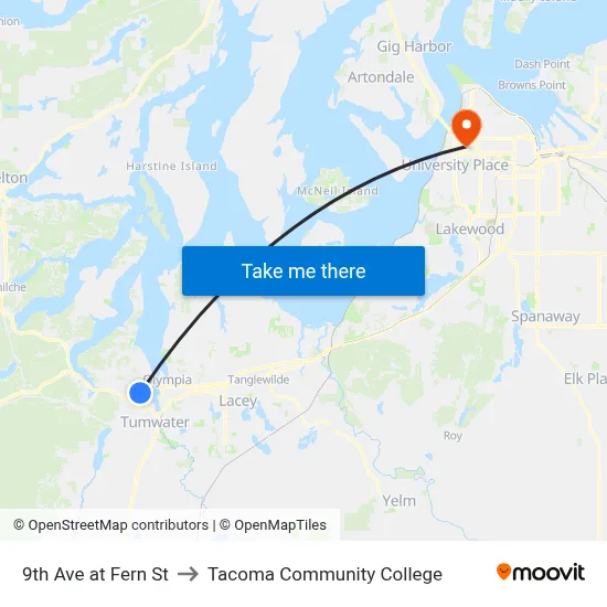 9th Ave at Fern St to Tacoma Community College map