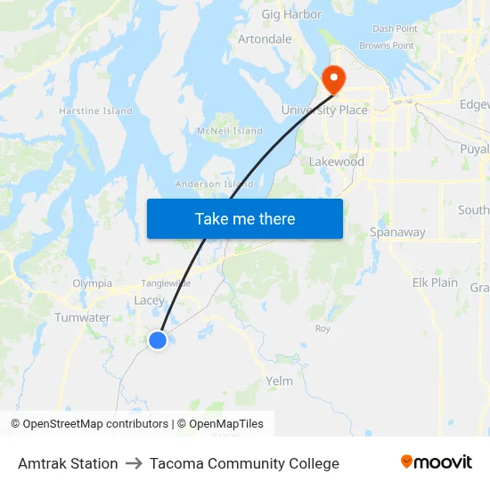 Amtrak Station to Tacoma Community College map