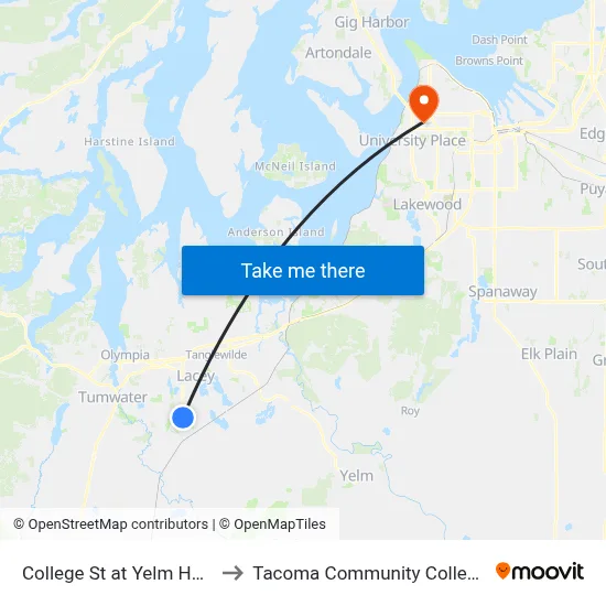 College St at Yelm Hwy to Tacoma Community College map