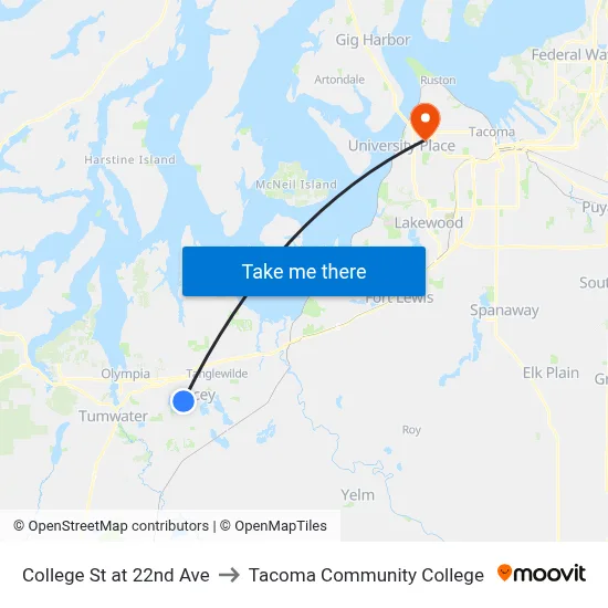 College St at 22nd Ave to Tacoma Community College map
