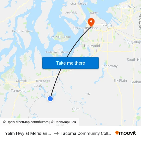 Yelm Hwy at Meridian Rd to Tacoma Community College map