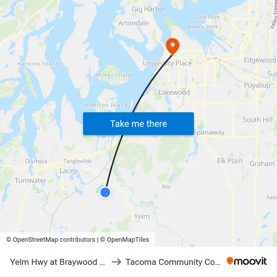 Yelm Hwy at Braywood Ln W to Tacoma Community College map